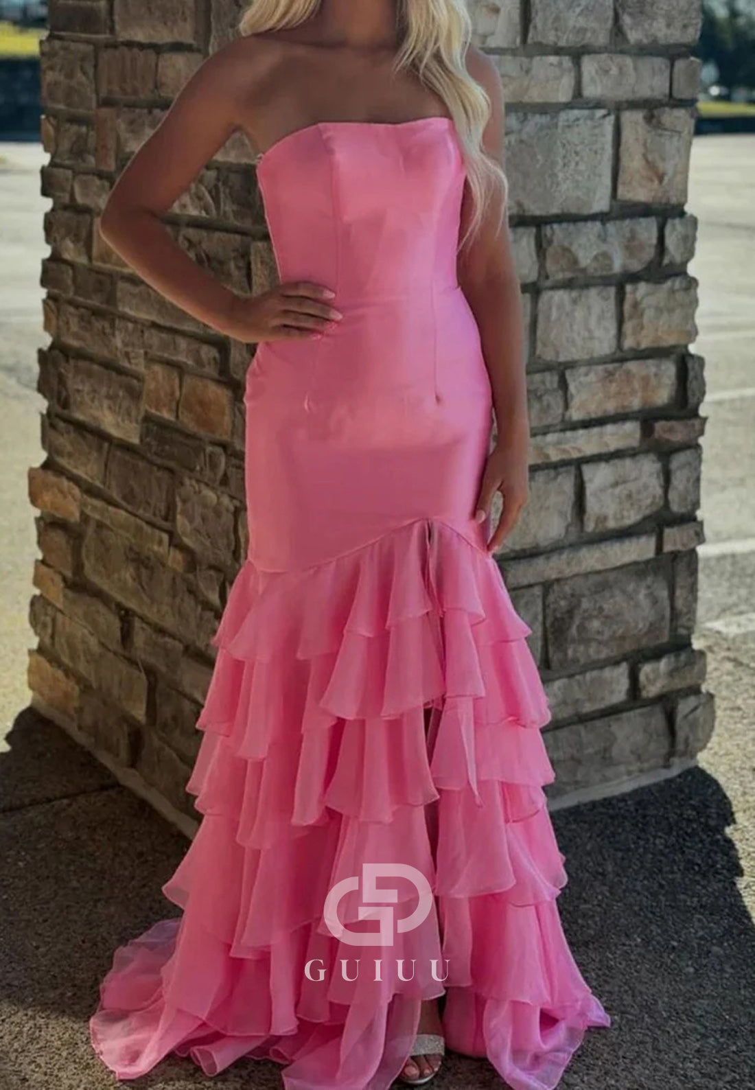 Mermaid Strapless Sleeveless Ruffles Prom Dresses With Slit