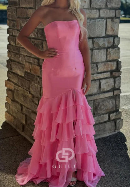 Mermaid Strapless Sleeveless Ruffles Prom Dresses With Slit