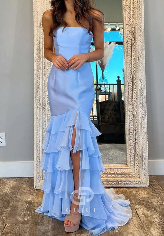 Mermaid Strapless Sleeveless Ruffles Prom Dresses With Slit
