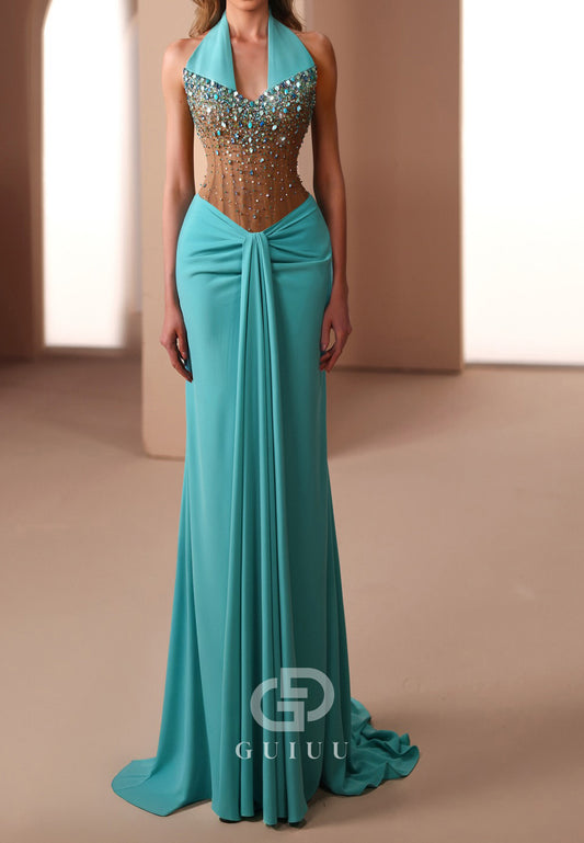 Jade Halter Sleeveless Corset Beads Evening Dress