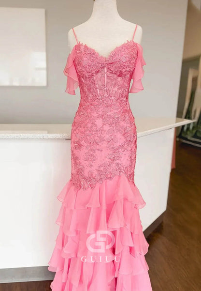 Mermaid Cold Sleeves Red Lace Ruffles Prom Dress