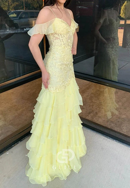 Mermaid Cold Sleeves Red Lace Ruffles Prom Dress