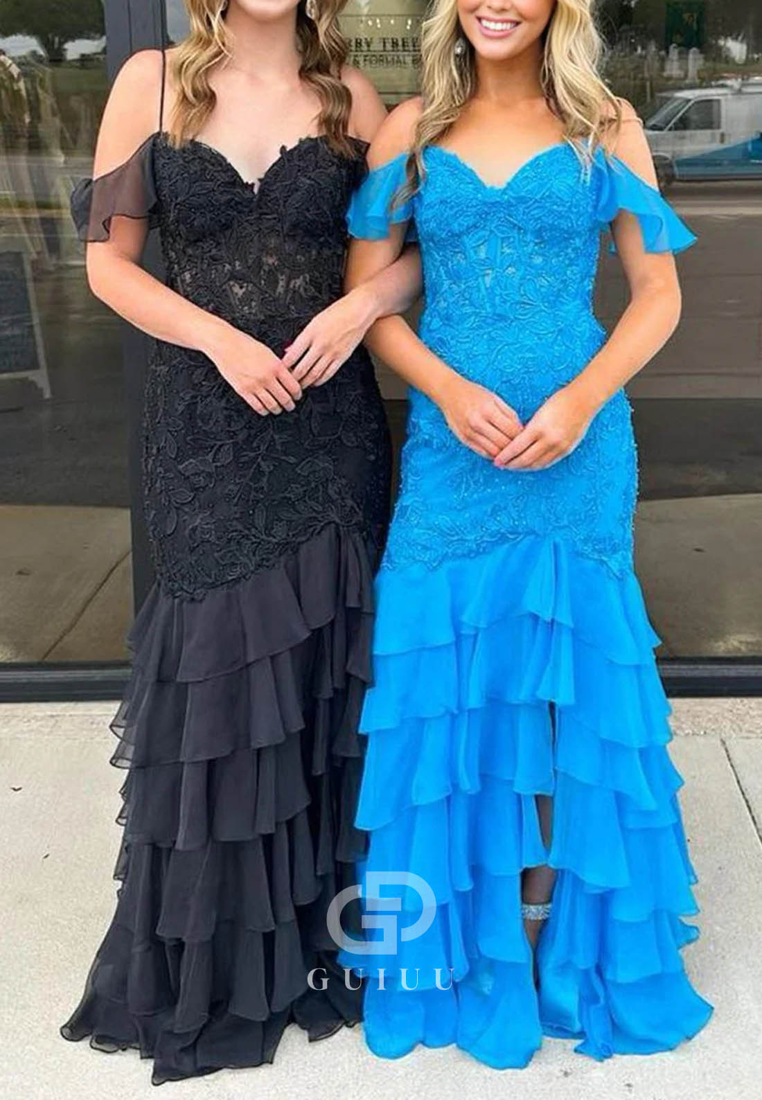 Mermaid Cold Sleeves Red Lace Ruffles Prom Dress