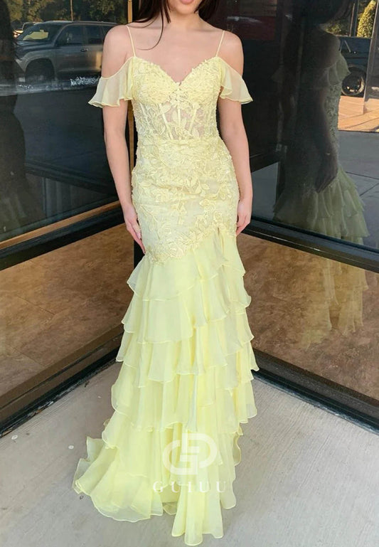 Mermaid Cold Sleeves Red Lace Ruffles Prom Dress