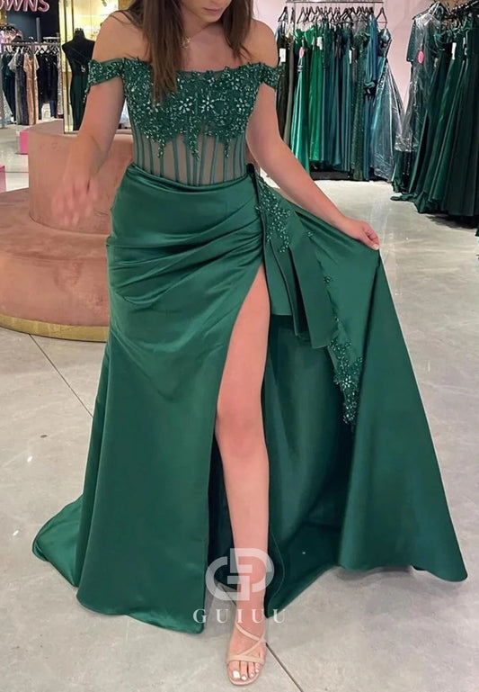 Off-Shoulder Sleeveless Satin Beaded Slit Prom Dress With Appliques