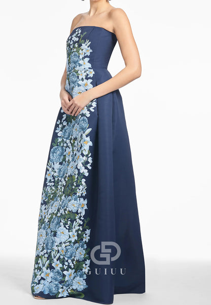 Elegant A-Line Strapless Sleeveless Printed Floral Mother of the Bride Dress