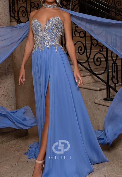 Lavender A-Line Sleeveless Strapless Slit Lace Prom Dress