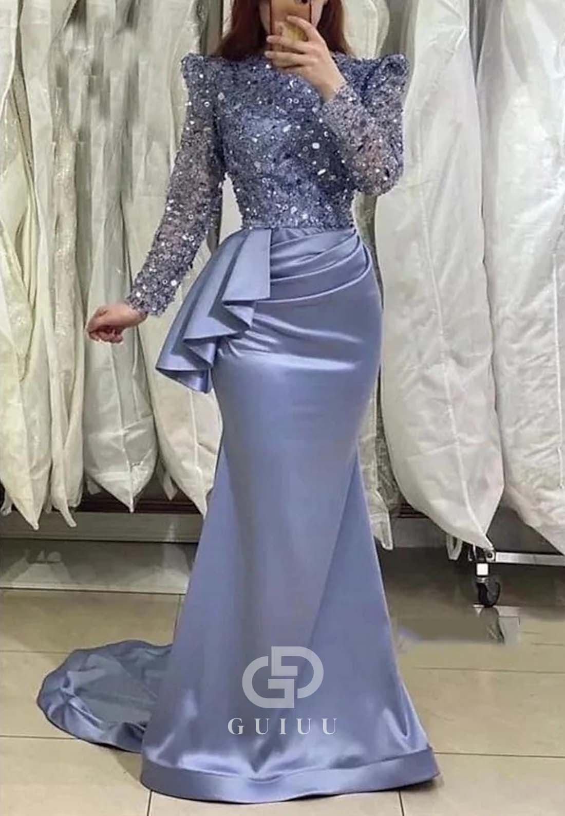 Lavender Long Sleeves Scoop Ruched Mermaid Evening Dress