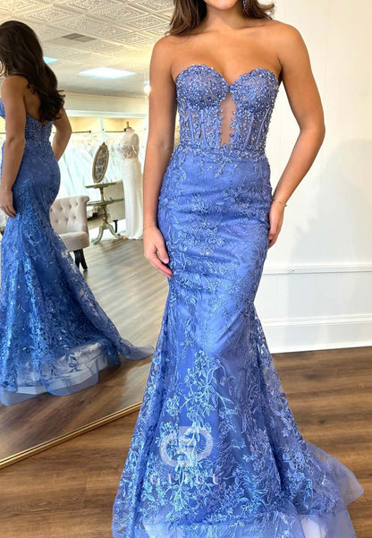 Lavender Sheath Sleeveless Strapless Prom Dress with Train Appliques Evening Dress