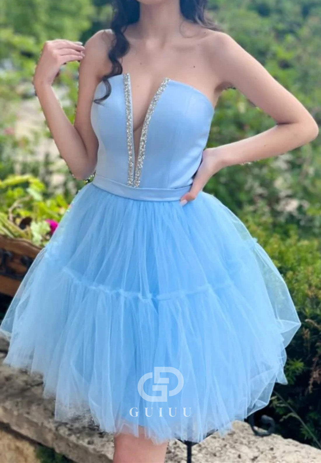 Light Blue Strapless Lace-Up A-Line Homecoming Dress