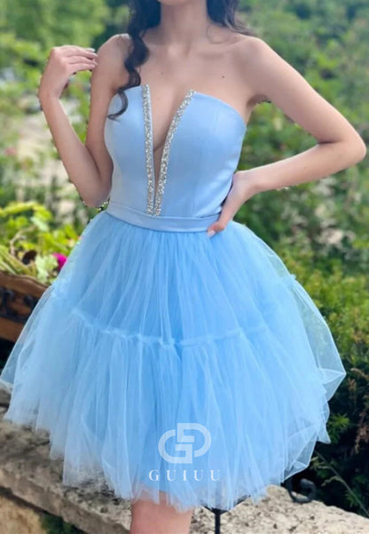 Light Blue Strapless Lace-Up A-Line Homecoming Dress