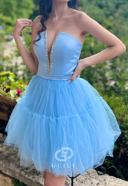 Light Blue Strapless Lace-Up A-Line Homecoming Dress