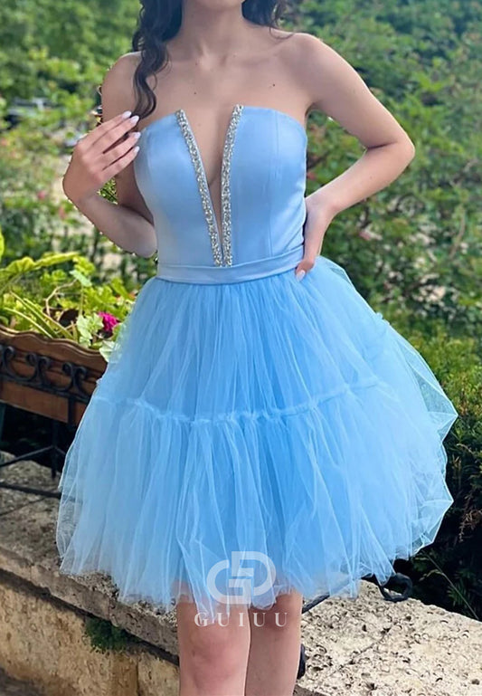 Light Blue Strapless Lace-Up A-Line Homecoming Dress