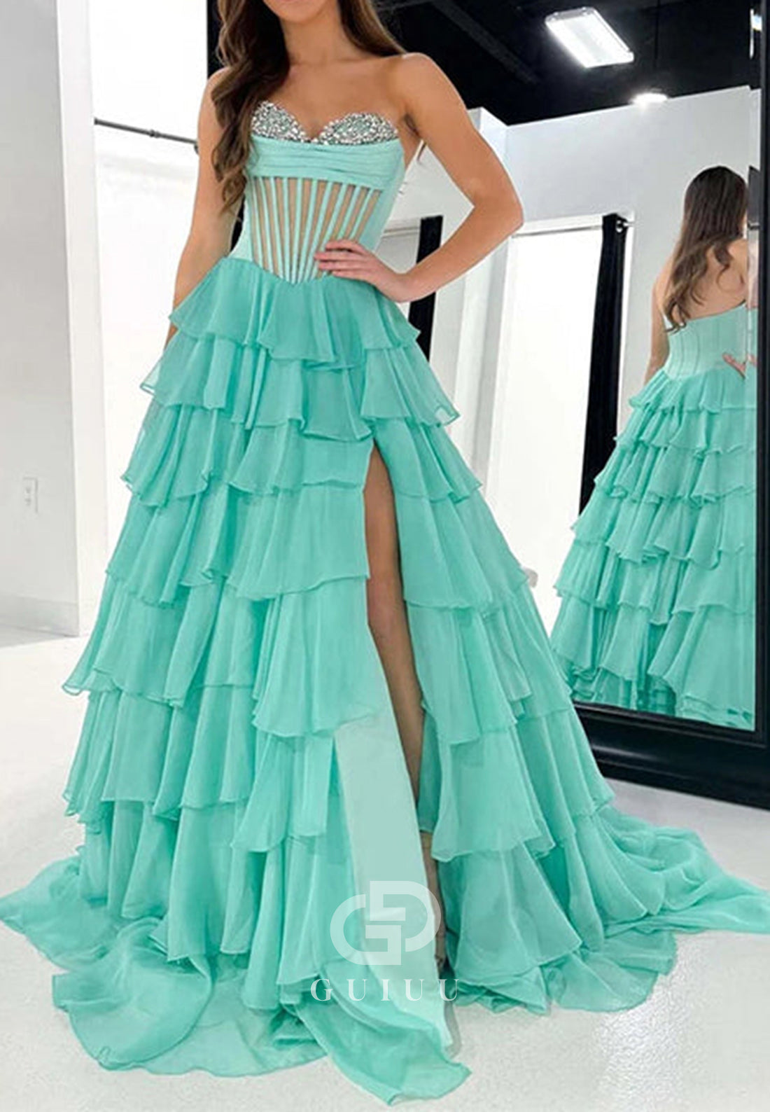 Light Green A-Line Sweetheart Strapless Empire Tiered Beaded Chiffon Prom Dress
