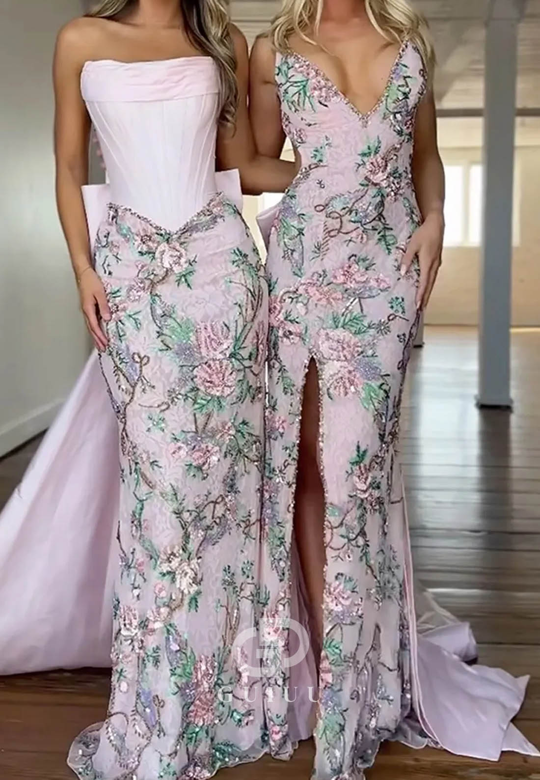 Light Pink Floral Strapless Corset Sheath Long Prom Dress with Cape