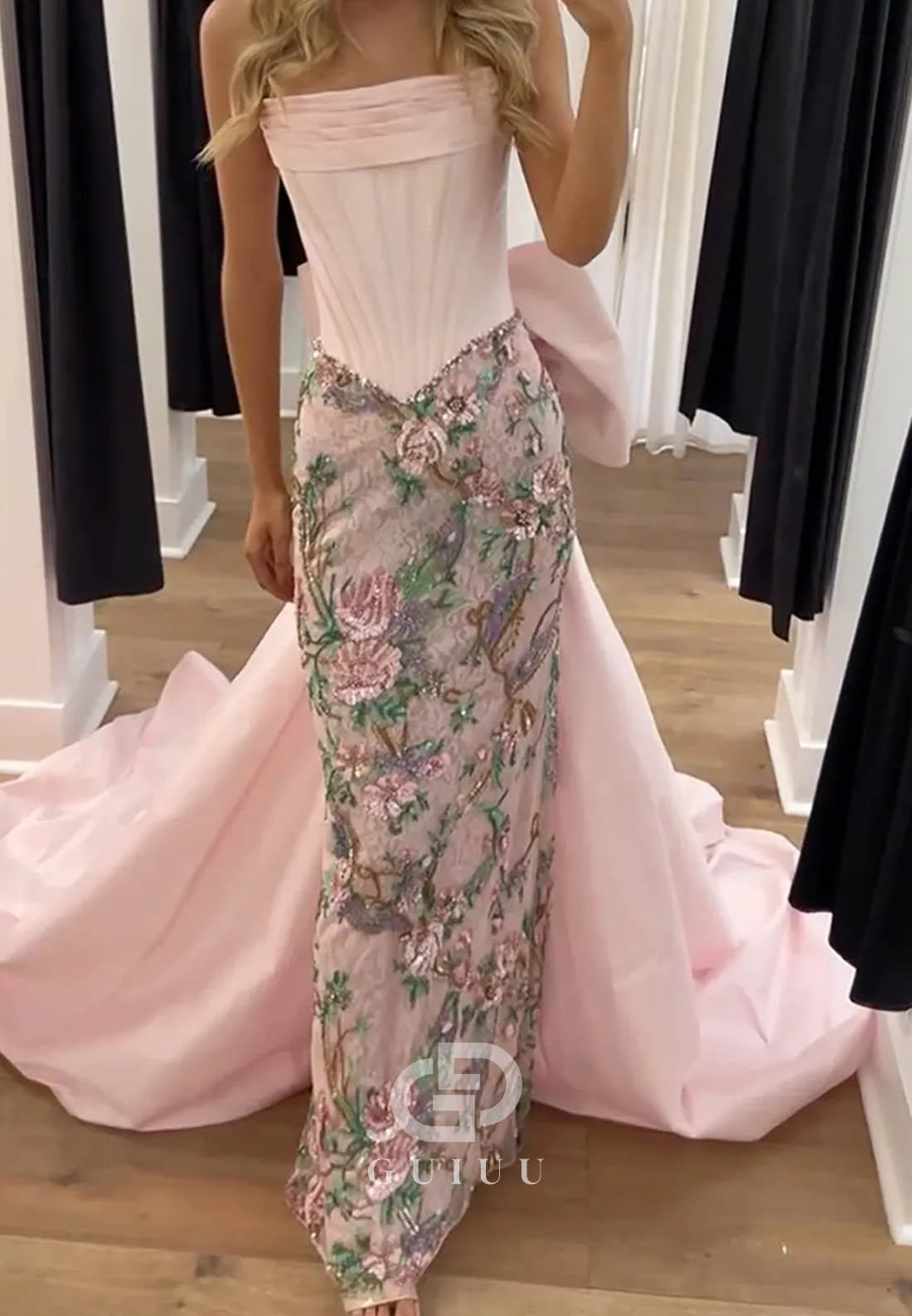 Light Pink Floral Strapless Corset Sheath Long Prom Dress with Cape