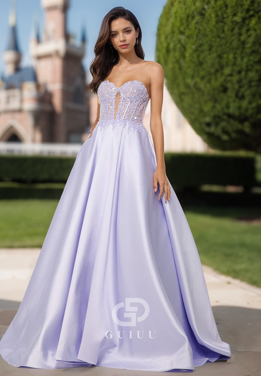 Lilac A-Line Sleeveless Strapless Prom Party Dress with Train