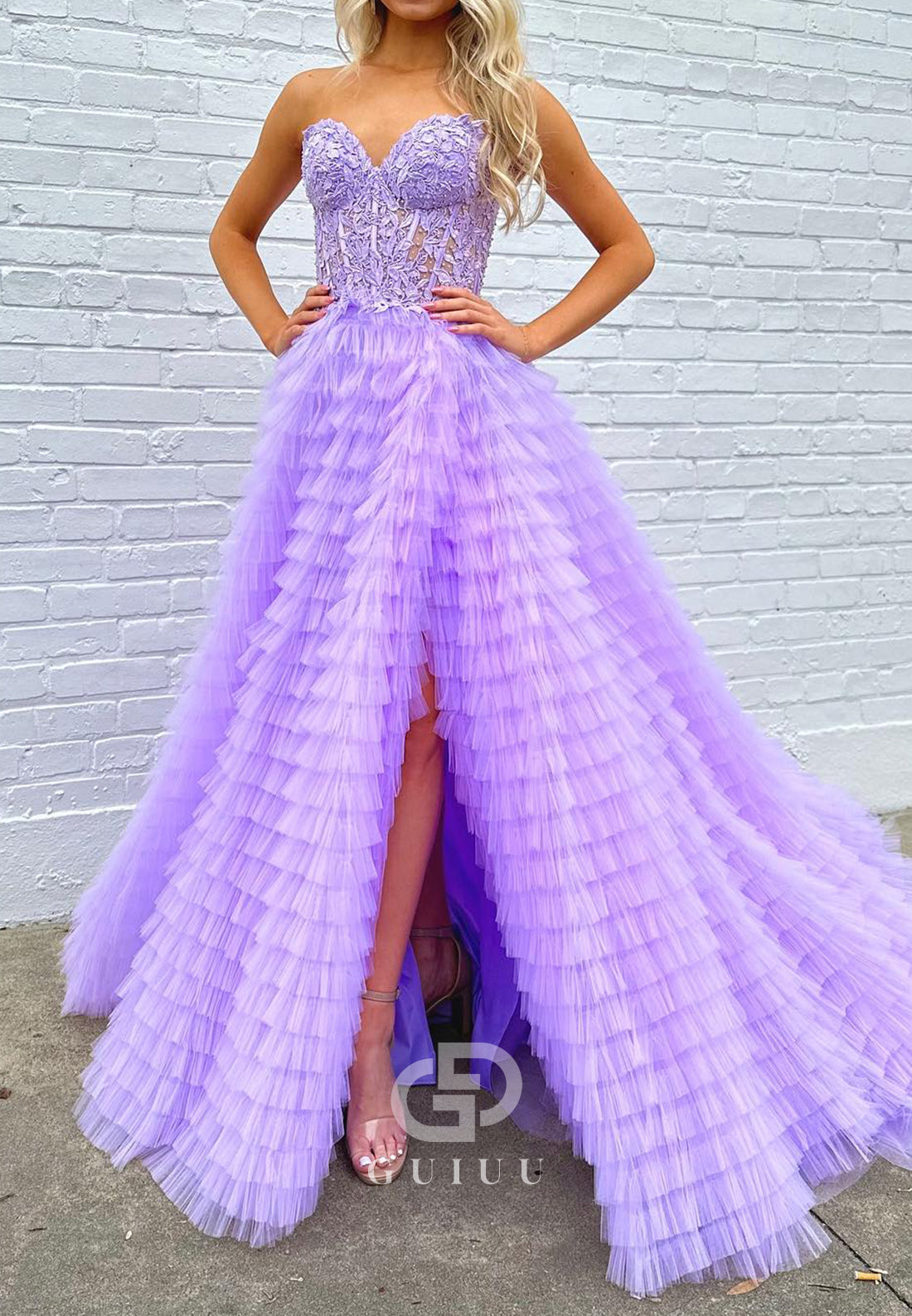 Lilac A-Line Sleeveless Sweetheart Ruffles Prom Dress