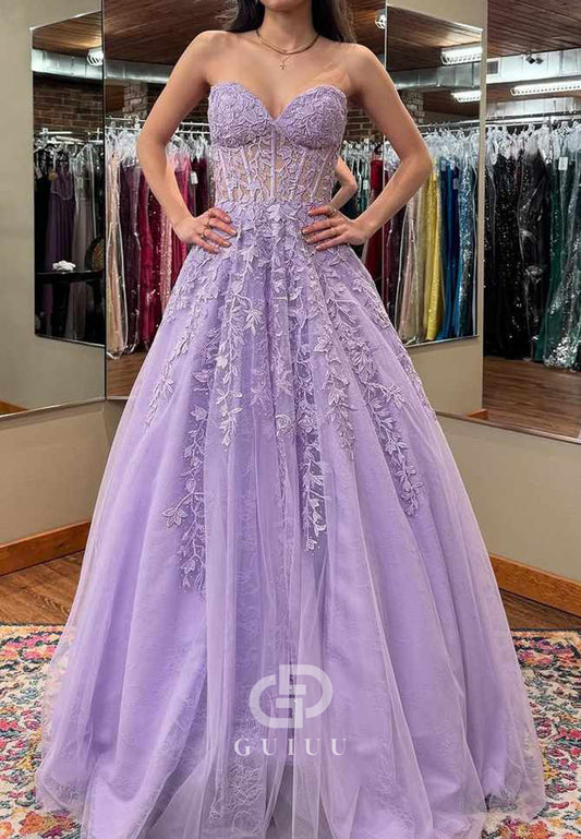 Lilac A-Line Strapless Lace Appliques Empire-Waist Tulle Long Prom Dress