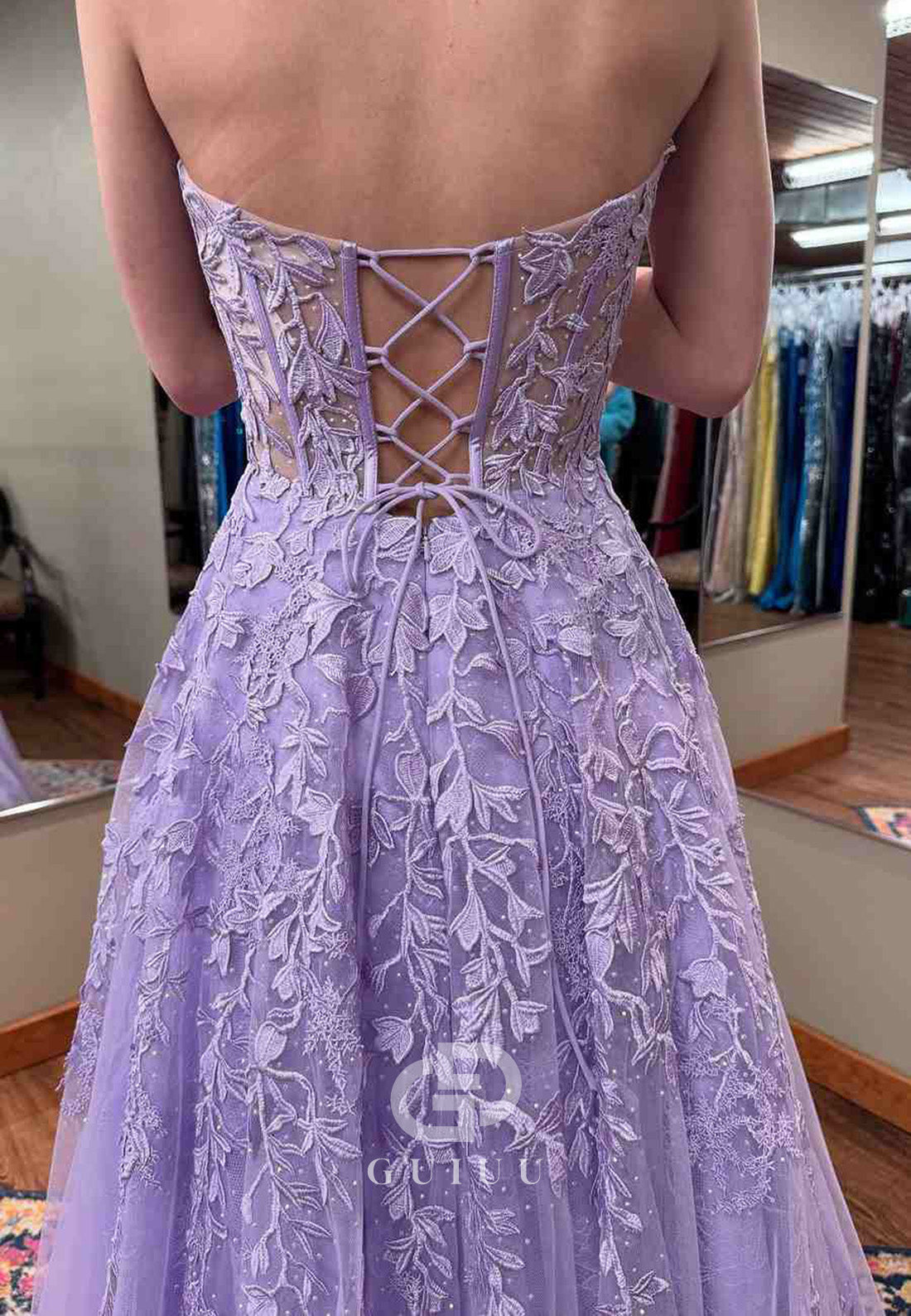 Lilac A-Line Strapless Lace Appliques Empire-Waist Tulle Long Prom Dress