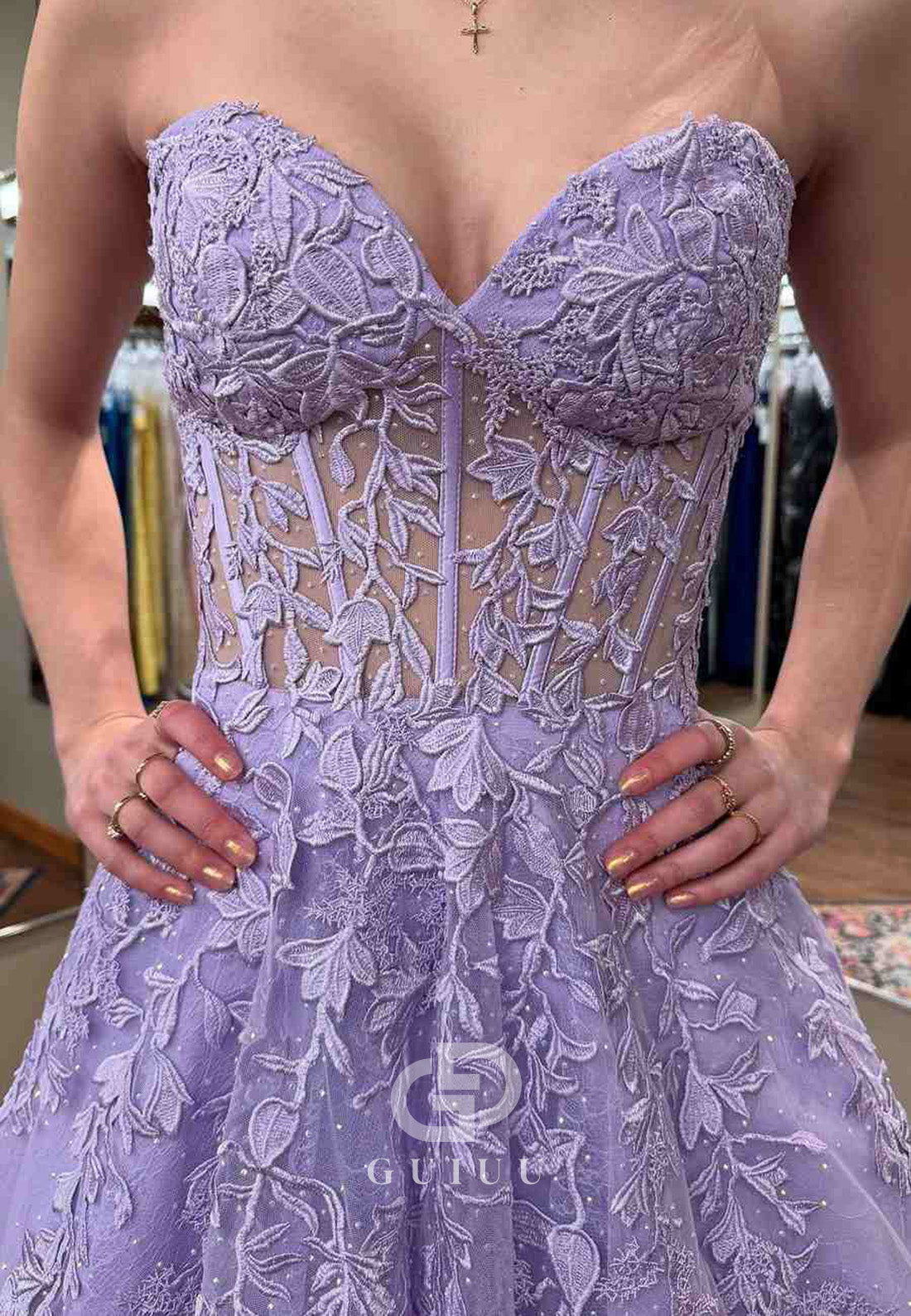 Lilac A-Line Strapless Lace Appliques Empire-Waist Tulle Long Prom Dress