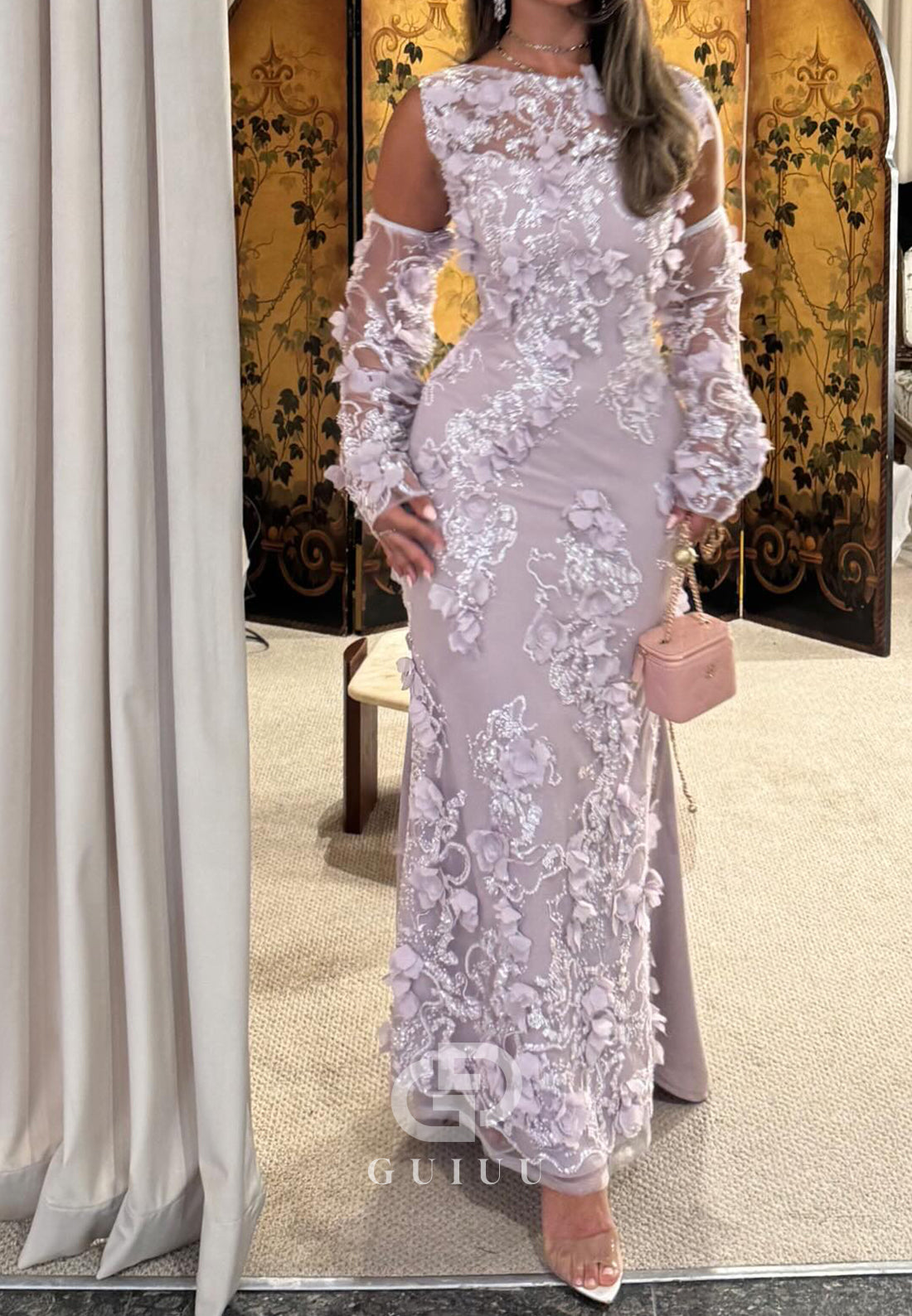 Lilac Half Sleeves Scoop Floral Appliques Prom Dress