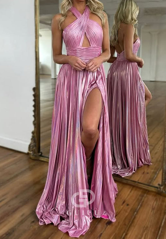 Candy Pink Halter Sleeveless Prom Dress with Slit Empire-Waist Evening Party Dress