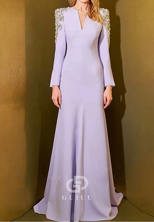 Lilac Long Sleeves V-Neck Sequins A-Line Evening Dress