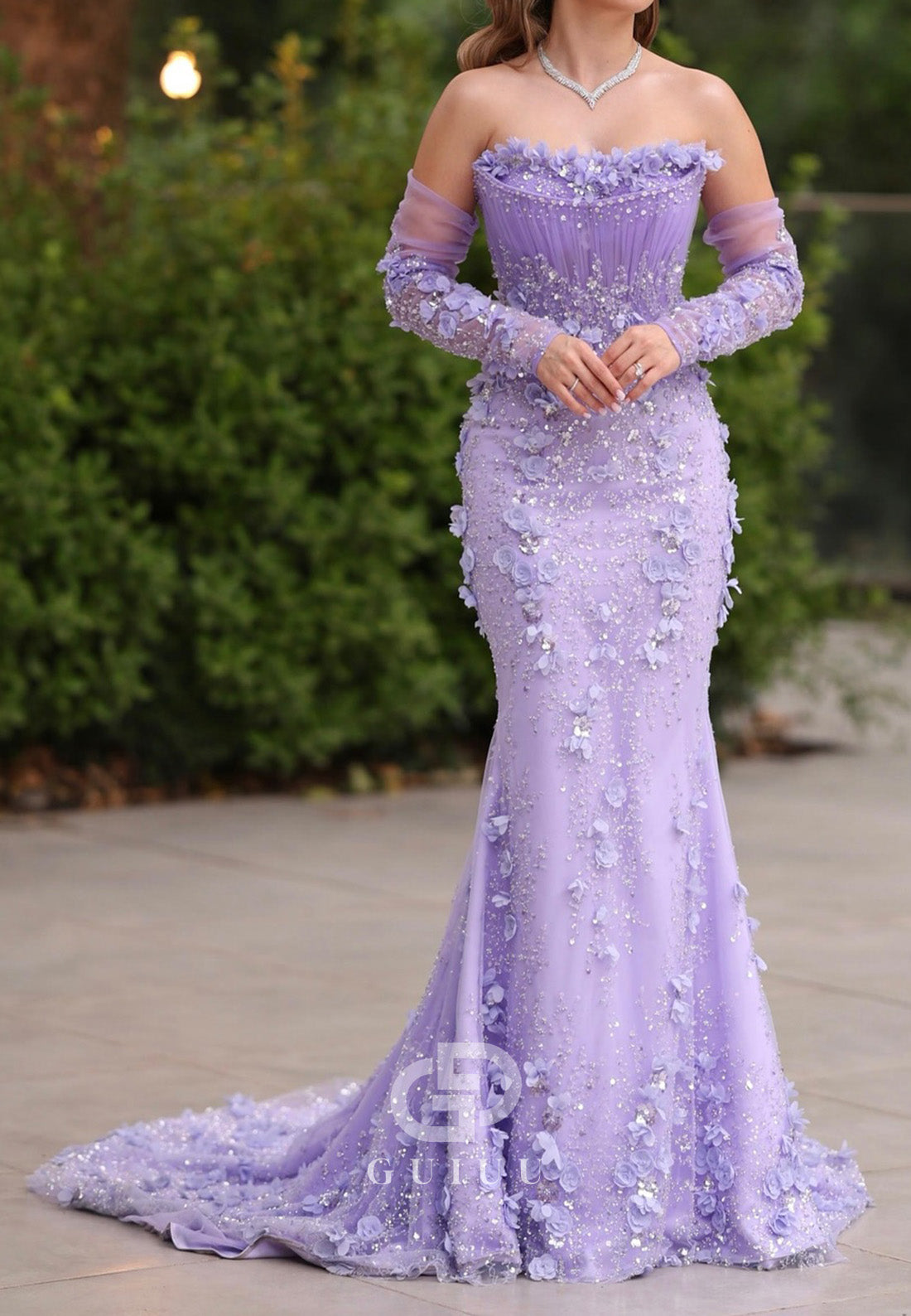 Lilac Off-Shoulder Long Sleeves Mermaid Appliques Evening Dress