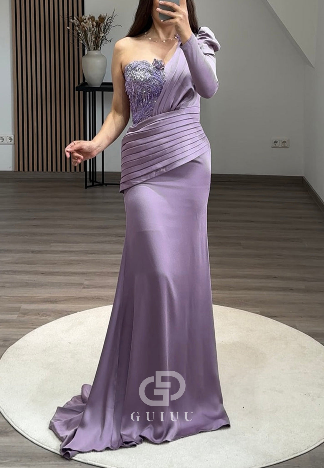 Lilac One Shoulder Long Sleeves Prom Dress with Train Ruched Formal Dress