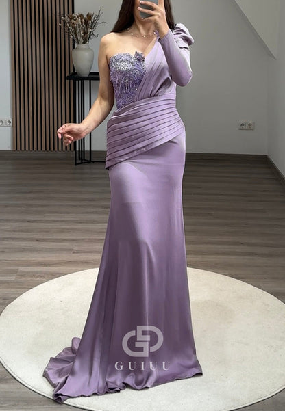 Lilac One Shoulder Long Sleeves Prom Dress with Train Ruched Formal Dress