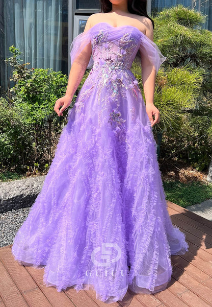 Lilac Sleeveless Strapless Feather A-Line Corset Tulle  Prom Dress