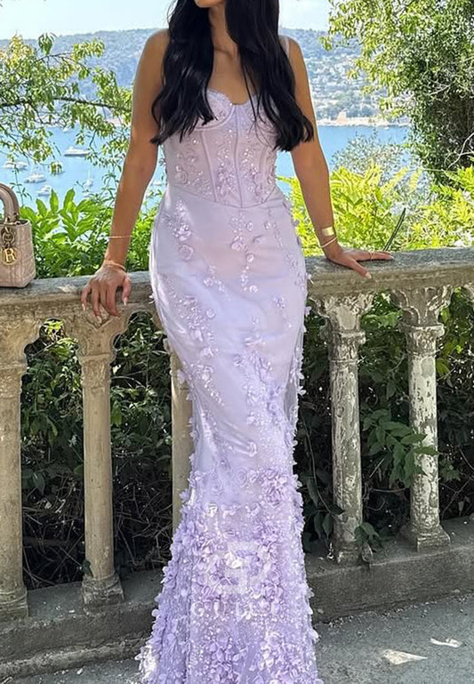 Lilac Sleeveless Strapless Lace-Up Back Appliques Prom Dress