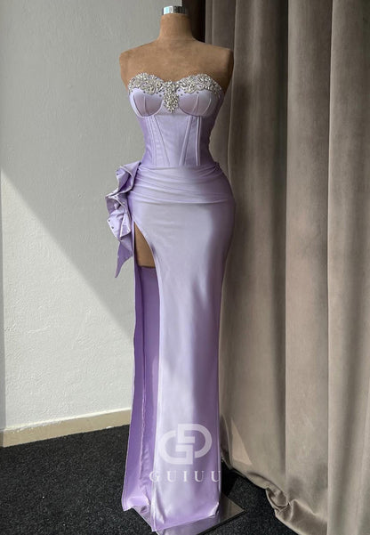 Lilac Sleeveless Strapless Prom Dress with Slit Beads Evnening Party Dress