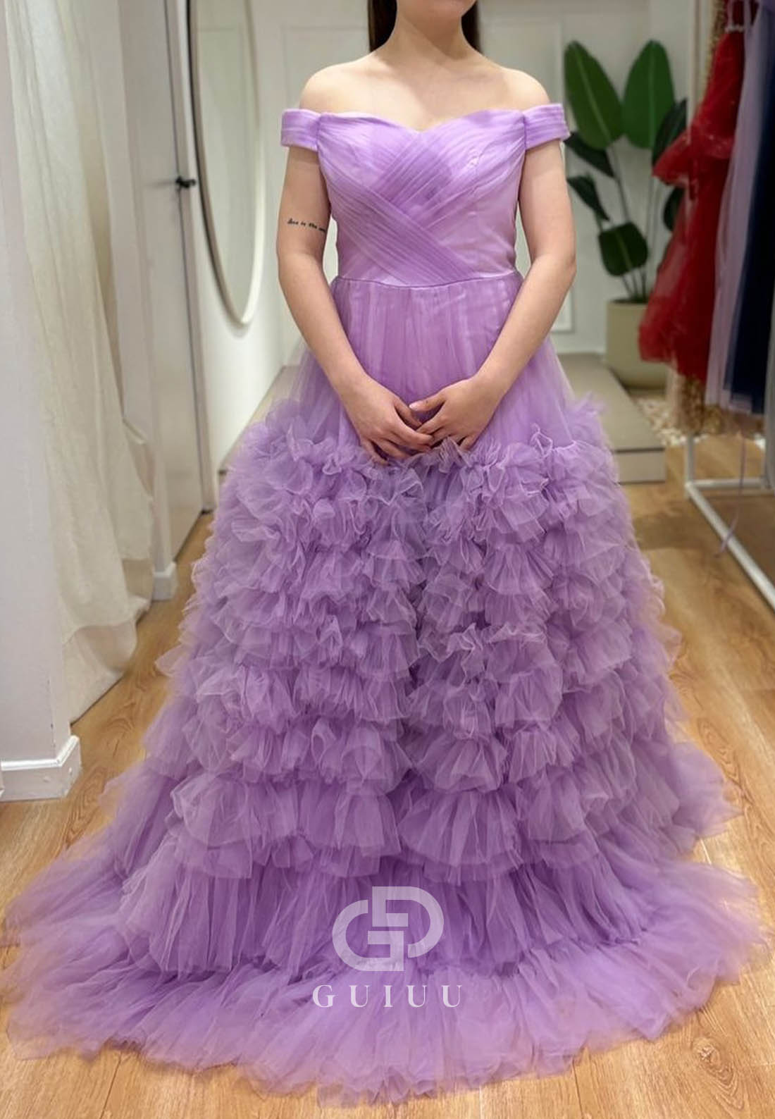 Lilac Sleeveless Strapless Ruffles A-Line Lace Prom Dress