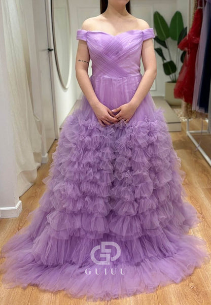 Lilac Sleeveless Strapless Ruffles A-Line Lace Prom Dress