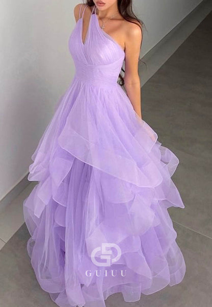 Lilac Sleeveless Strapless Ruffles A-Line Prom Dress