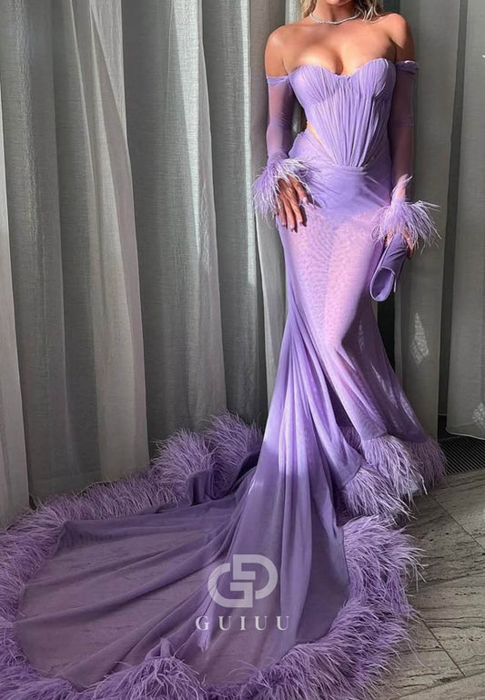 Lilac Sleeveless Sweetehart Feathers Mermaid Prom Dress