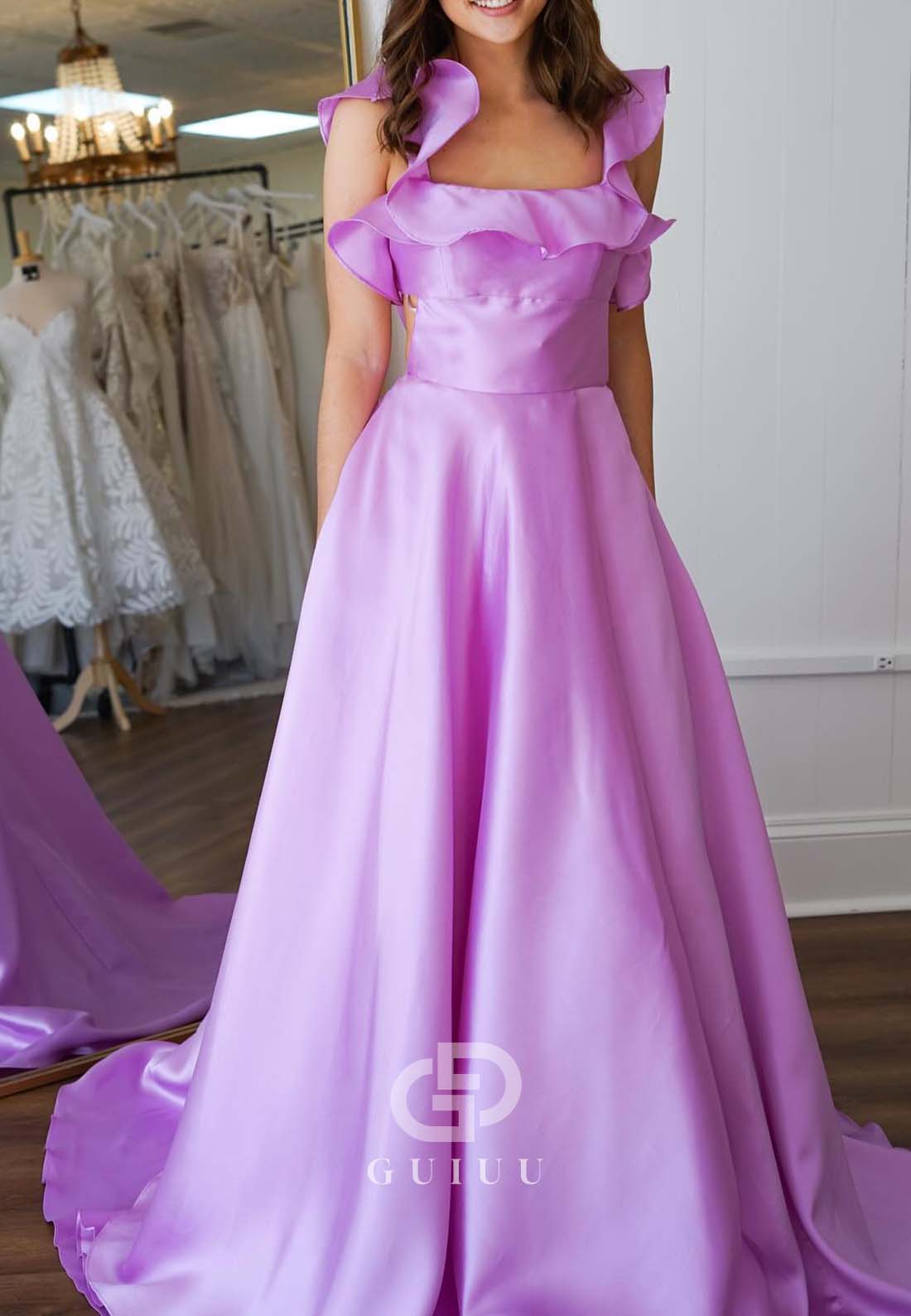 Lilac Spaghetti Straps Scoop Prom Dress with Train Empire-Waist Evening Dress