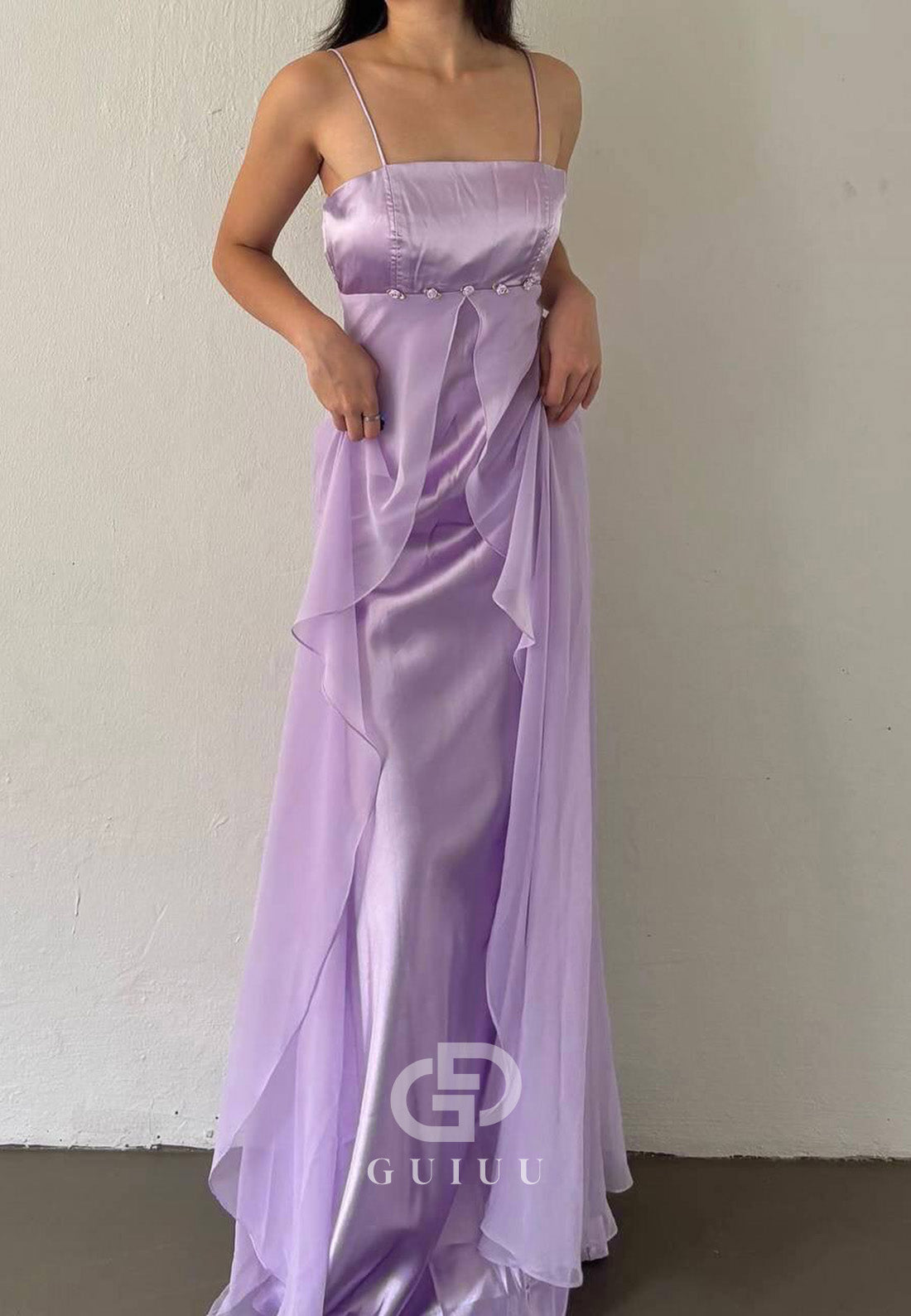 Lilac Spaghetti Straps Square A-Line Satin Prom Dress