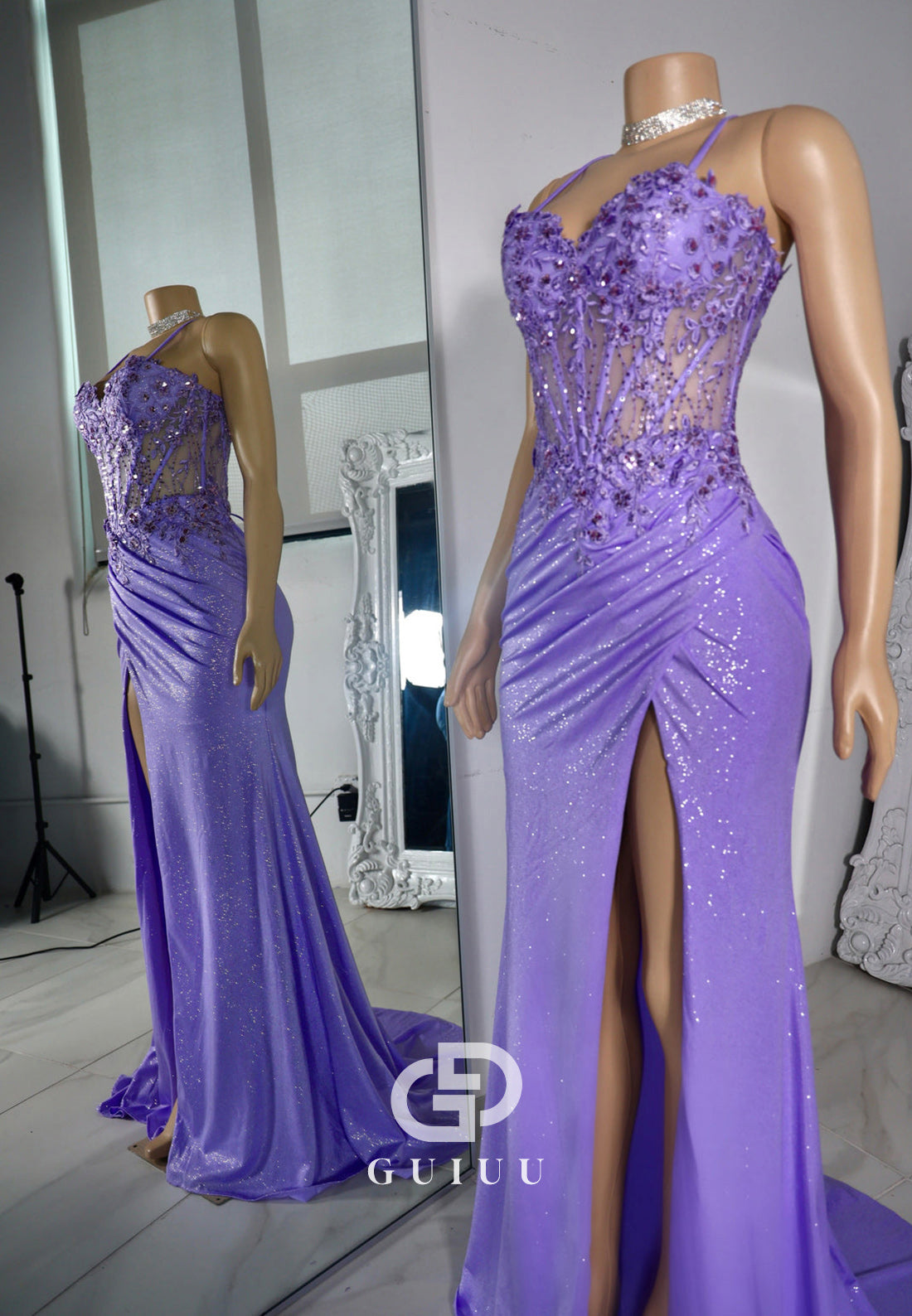 Lilac Spaghetti Straps Sweetheart Prom Dress with Slit Corset Party Dress