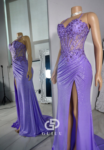 Lilac Spaghetti Straps Sweetheart Prom Dress with Slit Corset Party Dress