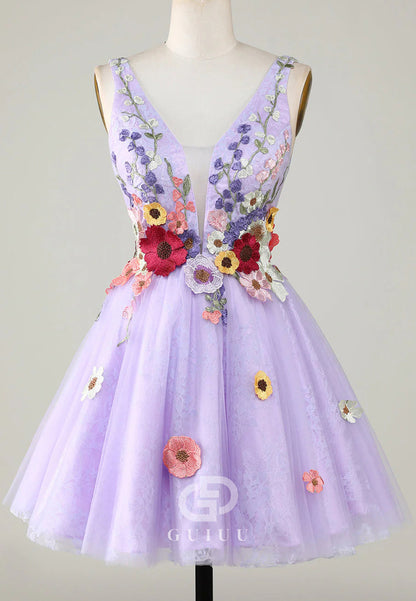 Lilac Spaghetti Straps V-Neck Floral Appliques Homecoming Dress