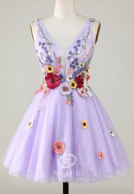 Lilac Spaghetti Straps V-Neck Floral Appliques Homecoming Dress