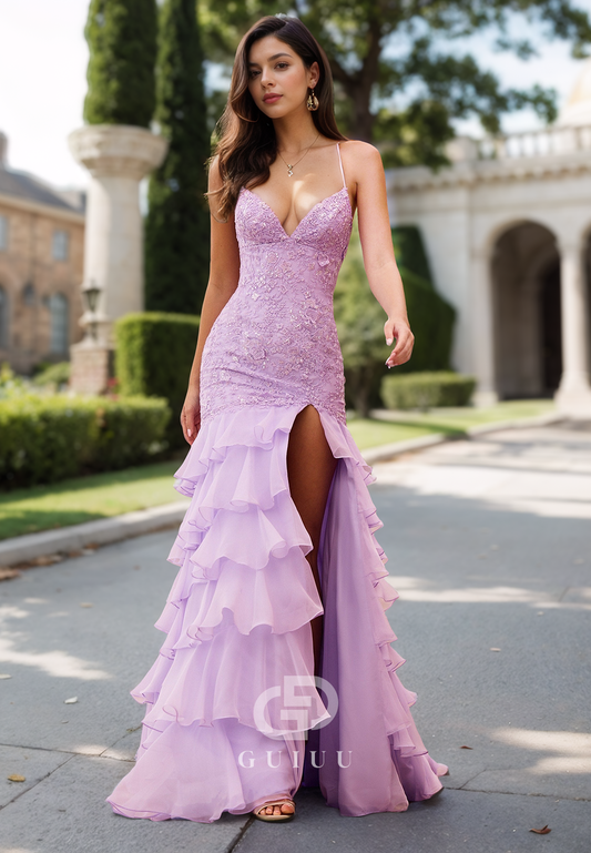 Lilac Spaghetti Straps V-Neck Prom Dress with Slit Ruffles Evening Party Dress