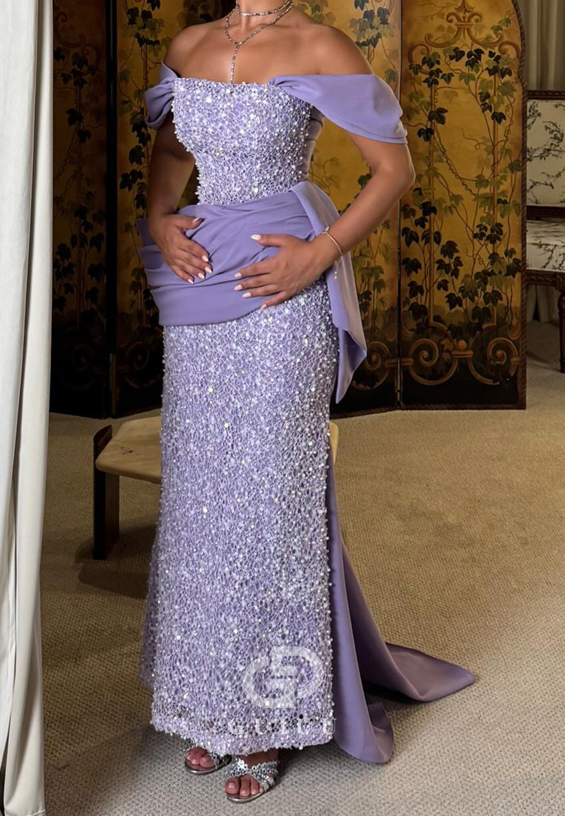 Lilac Strapless Sleevless Sequins Ruched Prom Dress