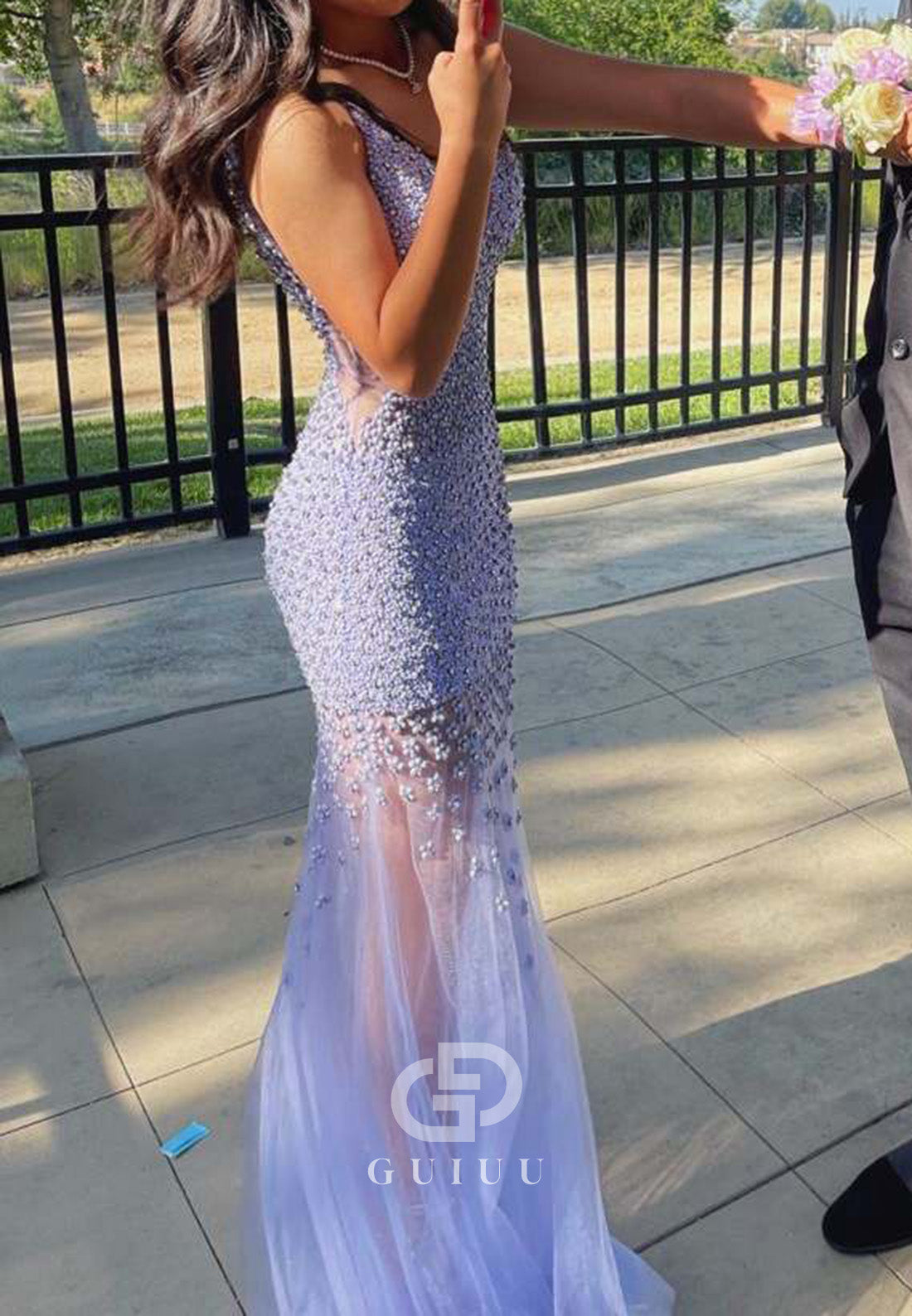 Lilac Straps Beaded V-Neck Mermaid Tulle Long Prom Dress