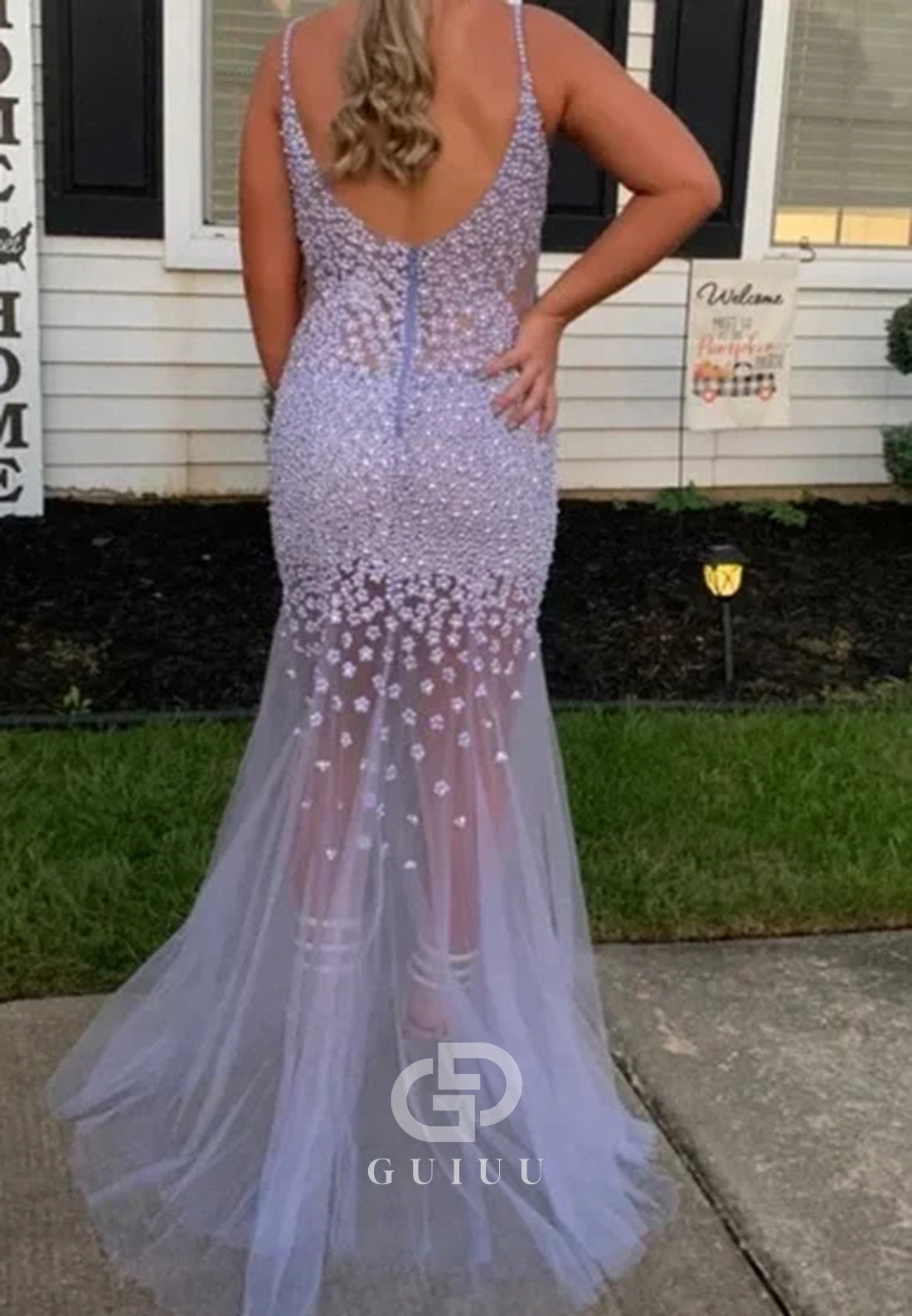 Lilac Straps Beaded V-Neck Mermaid Tulle Long Prom Dress