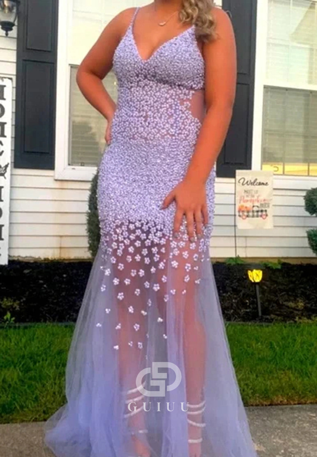 Lilac Straps Beaded V-Neck Mermaid Tulle Long Prom Dress