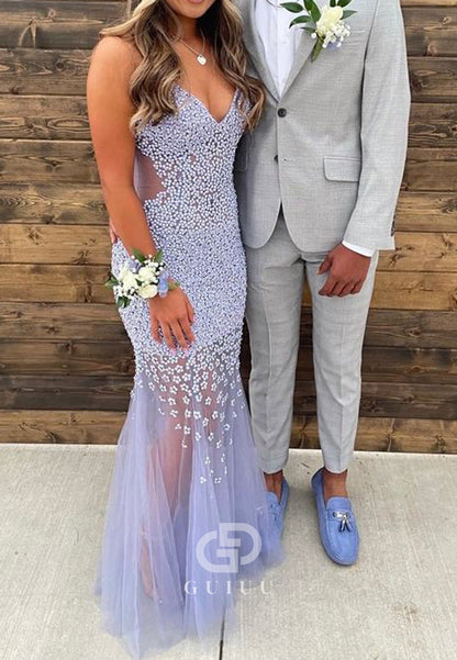 Lilac Straps Beaded V-Neck Mermaid Tulle Long Prom Dress